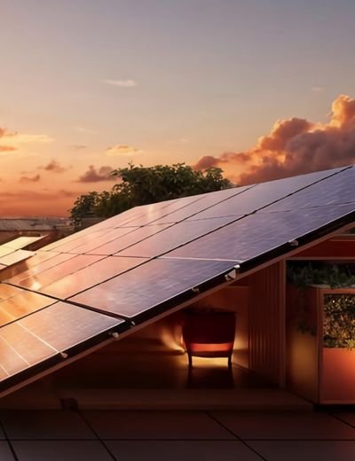 Rooftop solar array at sunset